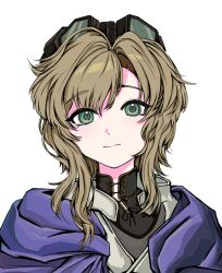  1girl absurdres black_shirt brown_hair capelet chinese_commentary closed_mouth commentary_request goggles goggles_on_head green_eyes highres huazhadi looking_at_viewer merel_(reverse:1999) portrait purple_capelet reverse:1999 shirt short_hair solo white_background 