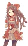  1girl alternate_costume bow brown_hair detached_sleeves dress fan folding_fan hair_bow hair_tubes hakurei_reimu long_hair ofuda one_eye_closed solo steampunk touhou yin_yang yoshinaga_p 