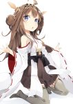  1girl ahoge blue_eyes brown_hair chestnut_mouth detached_sleeves double_bun grey_legwear hairband headgear highres kantai_collection kongou_(kantai_collection) long_hair looking_at_viewer mafu9 nontraditional_miko open_mouth ribbon-trimmed_sleeves ribbon_trim solo thigh-highs wide_sleeves 