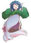  1girl ^_^ blue_hair breasts closed_eyes dairi head_fins japanese_clothes mermaid monster_girl open_mouth simple_background solo touhou wakasagihime white_background 