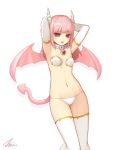  1girl arms_behind_head bangs blunt_bangs breasts collar demon_girl demon_tail demon_wings elbow_gloves gloves heart horns lock long_hair mr._yvk original pink_hair pink_tail pink_wings red_eyes small_breasts solo succubus tail thigh-highs white_gloves white_legwear wings 