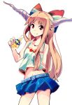  1girl alternate_costume bow casual contemporary hair_bow horn_ribbon horns ibuki_suika long_hair orange_hair red_eyes ribbon skirt smile solo tank_top touhou yoshinaga_p 