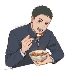  1boy black_hair black_jacket bowl brown_eyes bunnying_182 chewing chopsticks commentary_request eating food gakuran haikyuu!! highres holding holding_bowl jacket layered_sleeves long_sleeves looking_at_viewer male_focus open_mouth sawamura_daichi school_uniform short_hair short_sideburns sideburns sitting smile solo teeth twitter_username 