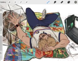  1boy alien art_program_in_frame beard beard_stubble casual eridian facial_hair highres messy_hair mundayme project_hail_mary rocky_(project_hail_mary) ryland_grace sketch stubble 