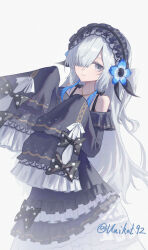  1girl absurdres artist_name bare_shoulders black_ribbon blue_dress blue_hairband bow butaikun closed_mouth commentary cosplay crescent crescent_necklace dress dress_bow flower frilled_dress frilled_hairband frilled_sleeves frills gothic_lolita grey_eyes hair_flower hair_ornament hair_over_one_eye hair_ribbon hairband highres isekaijoucho jewelry kamitsubaki_studio lolita_fashion lolita_hairband long_hair long_sleeves looking_at_viewer mahou_shoujo_no_majo_saiban natsume_an-an natsume_an-an_(cosplay) necklace off-shoulder_dress off_shoulder polka_dot polka_dot_bow ribbon signature simple_background sleeve_bow sleeves_past_fingers sleeves_past_wrists smile solo untranslatable_commentary virtual_youtuber white_background white_hair wide_sleeves 