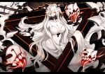  1girl breasts cleavage covered_mouth dress escort_fortress_(kantai_collection) essa_sazhka highres horns kantai_collection large_breasts letterboxed long_hair looking_at_viewer machinery midway_hime pale_skin red_eyes shinkaisei-kan very_long_hair white_dress white_hair white_skin 