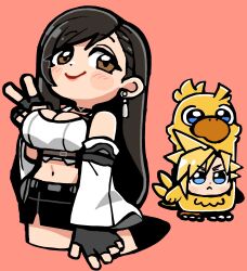  1boy 1girl bkub black_skirt breasts brown_eyes chibi chocobo chocobo_costume cloud_strife crop_top cropped_legs detached_sleeves earrings final_fantasy final_fantasy_vii final_fantasy_vii_remake final_fantasy_vii_revelation highres huge_breasts jewelry long_hair looking_at_viewer low-tied_long_hair mascot_costume miniskirt official_alternate_costume skirt teardrop_earrings tifa_lockhart tifa_lockhart_(black_mage) v 