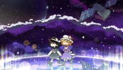  2boys aranako_hernandez arutea25 black_boots black_capelet black_hat black_shoes black_skirt blonde_hair boots bow capelet collared_dress collared_shirt commentary contrast_collar cosplay dated dress english_commentary frilled_dress frills hair_bow hat hat_bow hat_ribbon highres itsuki_hayashi jitome long_sleeves maribel_hearn maribel_hearn_(cosplay) mary_janes medium_hair mob_cap multiple_boys neck_ribbon necktie open_mouth original purple_dress red_necktie red_ribbon reflection ribbon ribbon-trimmed_skirt ribbon_trim sash satellite shirt shoes shooting_star skirt socks space star_(symbol) touhou twitter_username two-tone_hat usami_renko usami_renko_(cosplay) walking white_bow white_hat white_sash white_shirt white_socks |_| 