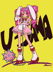  1girl animal_ears apron back_bow ball_and_chain_(weapon) bow bowtie carhop character_name commentary_request commission dress drill_hair footwear_bow full_body gloves heart heart-shaped_pupils highres holding holding_microphone long_hair looking_at_viewer microphone norixio open_hand open_mouth original outstretched_arm pink_dress pink_eyes pink_hair pinky_out puffy_short_sleeves puffy_sleeves rabbit_ears rabbit_girl red_bow red_bowtie red_sash roller_skates sash short_dress short_sleeves skates skeb_commission solo spiked_ball_and_chain standing striped_clothes striped_dress symbol-shaped_pupils twin_drills twitter_username vertical-striped_clothes vertical-striped_dress waitress weapon white_apron white_gloves yellow_background 