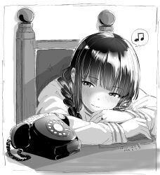  1girl antique_phone beamed_eighth_notes blunt_bangs braid chair commentary_request greyscale hair_over_one_eye highres kantai_collection kitakami_(kancolle) kitakami_kai_ni_(kancolle) leaning_forward mochisaka_mitsuki monochrome musical_note phone rotary_phone school_uniform serafuku single_braid smile solo spoken_musical_note upper_body 