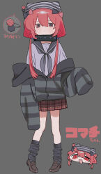  1girl animal_hat beanie black_jacket black_neckerchief black_sailor_collar black_socks brown_shoes character_name chibi chibi_inset closed_mouth collar full_body grey_background grey_shirt hat highres jacket loafers long_hair long_sleeves looking_at_viewer loose_socks low_twintails miniskirt neckerchief nial off_shoulder original plaid_clothes plaid_skirt pleated_skirt red_hair red_skirt sailor_collar shirt shoes simple_background skirt sleeves_past_fingers sleeves_past_wrists socks spiked_collar spikes standing striped_hat translation_request twintails 