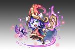  1girl :d animal_ears cat_ears gradient_hair green_eyes hat holding league_of_legends long_hair looking_at_viewer lulu_(league_of_legends) multicolored_hair open_mouth pix purple_hair silver_hair smile staff tamashii_yuu witch_hat 