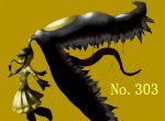  absurdres black_hair dress drooling fang fangs grin gt highres jaws long_hair looking_at_viewer mawile mr_primavera mucus no_humans open_mouth pokemon pokemon_(game) red_eyes saliva simple_background smile smirk smug solo teeth tongue tongue_out yellow_background 