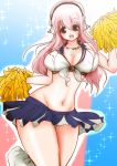  1girl bad_anatomy blush breasts cheerleader cleavage headphones large_breasts long_hair looking_at_viewer midriff navel nitroplus open_mouth pink_eyes pink_hair pom_poms smile solo super_sonico 