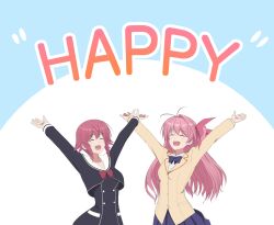  2girls :d ^_^ antenna_hair arms_up black_dress black_jacket blazer bow bowtie brown_jacket chaos;child chaos;head chest_bow closed_eyes collarbone cropped_jacket dress dress_shirt hair_ribbon happy hekiho_academy_school_uniform highres in-franchise_crossover jacket lapels long_hair long_sleeves multiple_girls notched_lapels one_side_up onoe_serika open_mouth otsukanolich pink_hair plaid_bow plaid_bowtie plaid_clothes purple_bow purple_bowtie red_bow ribbon sailor_collar sakihata_rimi school_uniform science_adventure shirt short_hair_with_long_locks smile suimei_academy_school_uniform teeth tongue upper_body upper_teeth_only very_long_hair white_sailor_collar winter_uniform 