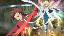  2boys afterimage aqua_trim artist_request blonde_hair blue_eyes boots brown_eyes brown_hair closed_mouth collarbone commentary cruxis_wings_(tales) energy_wings english_commentary floating game_asset gloves holding holding_sword holding_weapon indoors lloyd_irving looking_at_another looking_back magic male_focus mithos_yggdrasill multicolored_wings multiple_boys official_art open_mouth rainbow_wings red_gloves red_shirt shirt short_hair smile spiky_hair suspenders sword tales_of_(series) tales_of_symphonia tales_of_the_rays teeth third-party_source upper_teeth_only vorpal_sword_(tales) weapon wings 