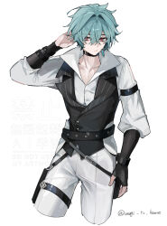  1boy ahoge belt belt_collar black_belt black_gloves buttons choker collar collarbone collared_shirt commentary_request earrings express fingerless_gloves genshin_impact gloves green_hair hair_between_eyes hair_intakes hand_in_own_hair hand_on_own_thigh highres jewelry lapels lohen_(genshin_impact) lohen_(standardized_test)_(genshin_impact) male_focus mole mole_under_eye multicolored_eyes official_alternate_costume open_collar pants pinstripe_pattern pinstripe_vest shirt short_hair single_earring solo twitter_username unagi_to_kame vest waistcoat white_background white_pants white_shirt 