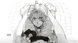  2boys chinese_commentary commentary_request greyscale higga male_focus monkey_d._luffy monochrome multiple_boys one_piece pov sabo_(one_piece) sash scar scar_on_face short_hair shorts sitting sitting_on_person smile tears weibo_username 