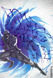 1boy black_boots black_gloves black_hood black_jacket black_pants boots fezat gloves graffiti jacket looking_at_viewer mask mortal_kombat mortal_kombat_(series) mortal_kombat_9 noob_saibot pants signature solo