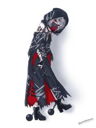 1girl arm_tattoo armored_boots artist_name bare_shoulders black_choker black_dress black_hood black_shoes black_tank_top boots chain chest_sarashi choker colored_inner_hair commentary cuffs dress full_body gauze_on_arm grey_hair hair_ornament highres looking_at_viewer mahou_shoujo_no_majo_saiban mask mouth_mask multicolored_hair nail_polish red_eyes red_hair red_nails sarashi shackles shito_alisa shoes signature simple_background solo tank_top tattoo torn_clothes torn_dress twitter_username untranslatable_commentary white_background x_hair_ornament yumekichi_(yumemamem) 