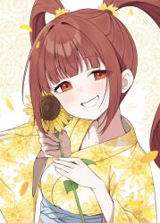  1girl binsen blue_sash brown_hair commentary_request falling_petals floral_print floral_print_kimono flower grin highres holding holding_flower idolmaster idolmaster_million_live! japanese_clothes kimono long_hair long_sleeves looking_at_viewer matsuda_arisa petals print_kimono red_eyes sash signature smile solo sunflower twintails upper_body wide_sleeves yellow_kimono yellow_petals 