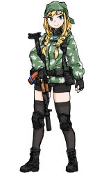  1girl assault_rifle bike_shorts blonde_hair blue_eyes braid camouflage commentary dutchko english_commentary fingerless_gloves gloves gun knee_pads military original rifle russian_text thigh-highs twin_braids weapon 