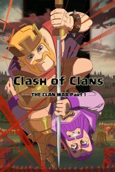  2boys absurdres animification barbarian_king beard blue_eyes bracelet clash_of_clans closed_mouth commentary crown english_commentary facial_hair gauntlets grand_warden highres holding holding_sword holding_weapon jewelry jujutsu_kaisen long_sleeves male_focus meme multiple_boys parody poster_parody purple_hair single_gauntlet spiked_bracelet spikes sword weapon wide-eyed 