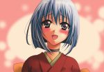  1girl blue_hair blush choker japanese_clothes kimono open_mouth short_hair smile solo tactics violet_eyes yoko_(tactics) 