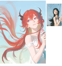  1girl alternate_costume arknights armband bare_arms bare_shoulders blue_background camisole chinese_commentary collarbone commentary crossed_bangs dress floating_hair frilled_armband frills gradient_background green_background hair_between_eyes highres holding holding_ice_cream_cone horns ice_cream_cone long_hair looking_to_the_side looking_up parted_lips photo-referenced purple_hair red_hair reference_inset sideways_glance simple_background slit_pupils solo surtr_(arknights) upper_body very_long_hair white_armband white_camisole white_dress xinghen_az 