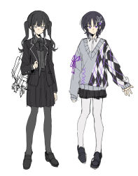  2girls alternate_costume bag black_bow black_hair black_pantyhose black_shirt black_shoes black_skirt black_suit bow checkered_clothes checkered_shirt checkered_sweater closed_mouth collared_shirt full_body grey_eyes grey_sweater highres housho_margo kurobe_nanoka long_hair mahou_shoujo_no_majo_saiban multiple_girls neck_ribbon open_clothes pantyhose parted_bangs pleated_skirt ribbon shirt shoes short_hair shoulder_bag simple_background skirt suit sweater twintails violet_eyes white_background white_pantyhose wuubaiwan 