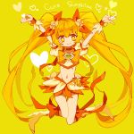  1girl blonde_hair boots cure_sunshine hair_ribbon heart heart-shaped_pupils heartcatch_precure! highres knee_boots long_hair magical_girl midriff myoudouin_itsuki navel orange_skirt precure ribbon skirt smile solo symbol-shaped_pupils text twintails very_long_hair wrist_cuffs yellow_background yellow_eyes yuucho_(cololal) 