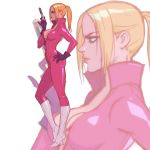  1girl alternate_costume blonde_hair blue_eyes bodysuit boots breasts catsuit from_side gloves hand_on_hip high_collar high_heel_boots high_heels knee_boots long_hair namco nina_williams ponytail seeso2d sideboob solo tekken unzipped zoom_layer 