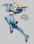  1girl adapted_costume blonde_hair blue_boots blue_eyes boots breasts cleavage cleavage_cutout crossover dagger dual_wielding fusion grey_background hair_ornament hairclip high_heel_boots high_heels junketsu kamui_(kill_la_kill) kill_la_kill lips long_hair making_of metroid metroid_(creature) ponytail reverse_grip samus_aran shiny shiny_clothes short_sword suspenders sword thigh-highs thigh_boots weapon whistle_frog zero_suit 