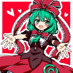  1girl :d arm_ribbon blush border bow brown_shirt chirisazame1 commentary_request contrast_collar cowboy_shot dot_nose dress frilled_bow frilled_ribbon frills front_ponytail green_eyes green_hair hair_between_eyes hair_bow hair_ribbon happy heart kagiyama_hina long_hair looking_at_viewer open_hands open_mouth outline outside_border outstretched_arms puffy_short_sleeves puffy_sleeves red_background red_bow red_dress red_ribbon red_skirt ribbon shirt short_sleeves simple_background skirt smile solo spiral touhou white_border white_outline wrist_ribbon 