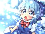  1girl blue_dress blue_eyes blue_hair bow cirno dress fang hair_bow highres ice ice_wings open_mouth puffy_short_sleeves puffy_sleeves shirt short_sleeves smile solo touhou volcano_(artist) wings 