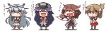 &gt;_&lt; 4girls :d akatsuki_(kantai_collection) alternate_costume bismarck_(kantai_collection) bismarck_(kantai_collection)_(cosplay) blue_hair brown_eyes brown_hair chibi cosplay detached_sleeves fang feiton folded_ponytail hat heart heart_in_mouth hibiki_(kantai_collection) highres ikazuchi_(kantai_collection) inazuma_(kantai_collection) kantai_collection kongou_(kantai_collection) kongou_(kantai_collection)_(cosplay) long_hair multiple_girls nagato_(kantai_collection) nagato_(kantai_collection)_(cosplay) navel nontraditional_miko open_mouth peaked_cap pleated_skirt pout short_hair skirt smile translation_request xd yamato_(kantai_collection) yamato_(kantai_collection)_(cosplay) 