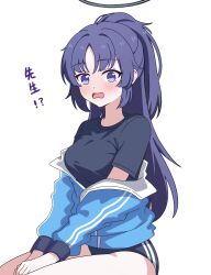  1girl 3066115054 absurdres black_shirt blue_archive blue_eyes blue_hair blue_jacket blush breasts buruma commentary embarrassed gym_uniform halo highres jacket long_hair mechanical_halo official_alternate_costume ponytail shirt sitting solo surprised track_jacket translated yuuka_(blue_archive) yuuka_(track)_(blue_archive) 