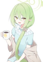  1girl blue_archive blue_dress blue_pajamas cup dress green_hair green_halo hair_between_eyes hair_ornament hair_scrunchie halo highlander_railway_academy_logo highres holding holding_cup junnatsu long_hair looking_at_viewer low_side_ponytail nightgown nozomi_(blue_archive) nozomi_(kujibikido)_(blue_archive) official_alternate_costume official_alternate_hairstyle open_mouth pajamas pointy_ears scrunchie short_sleeves side_ponytail sitting smile solo very_long_hair yellow_eyes 