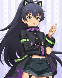  1girl :p animal_ear_hairband animal_ears antenna_hair arm_belt belt black_coat black_hair black_shorts blue_eyes card_commentary cat_ear_hairband cat_ears coat collar commentary_request cowboy_shot denim denim_shorts drop_shadow fake_animal_ears game_asset ganaha_hibiki garter_straps green_belt hairband hand_up high_ponytail idolmaster idolmaster_(classic) idolmaster_million_live! idolmaster_million_live!_theater_days long_hair long_sleeves looking_at_viewer official_alternate_costume official_art partially_unzipped ponytail purple_collar shorts solo standing street_cats_(idolmaster) third-party_source tongue tongue_out v-shaped_eyebrows very_long_hair 