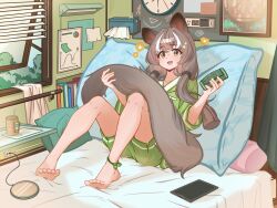  1girl anklet arknights barefoot blush brown_hair comb commentary_request cup flower_symbol green_shirt green_shorts highres holding holding_comb holding_own_tail honeyberry_(arknights) jewelry knees_up long_hair long_tail mu_lin_di multicolored_hair on_bed open_mouth open_window pillow possum_ears possum_girl possum_tail shirt shorts smile streaked_hair tablet_pc tail twintails white_hair window window_blinds yellow_eyes 