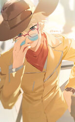  1boy bandana bandana_around_neck bilibili_logo blonde_hair blue_eyes blurry blurry_background brown_hat chinese_commentary commentary cowboy_shot fate/strange_fake fate_(series) flat_escardos glasses gradient-tinted_eyewear grey-framed_eyewear grey_pants hat highres jacket looking_at_viewer looking_over_eyewear lower_teeth_only male_focus open_mouth pants red-framed_eyewear red_bandana rhg_g short_hair signature smile teeth tinted_eyewear upper_body watch watch yellow_jacket 