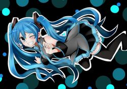  1girl ;) absurdres black_legwear blue_eyes blue_hair clenched_teeth detached_sleeves hatsune_miku highres kazenoko long_hair looking_at_viewer one_eye_closed skirt smile solo thigh-highs twintails vocaloid zettai_ryouiki 