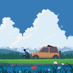  1boy animated animated_gif backpack bag black_cat car cat clouds cumulonimbus_cloud day flower grass highres literallyfarah looping_animation motor_vehicle mountainous_horizon nature original outdoors pixel_art scenery sitting sky tagme twitching_tail vehicle_request wide_shot 