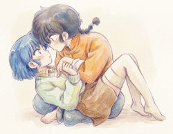  1boy 1girl barefoot black_hair blue_eyes blue_hair braid braided_ponytail cardigan chinese_clothes commentary_request indian_style odochi_(1or8) painting_(medium) pants ranma_1/2 saotome_ranma short_hair simple_background single_braid sitting sitting_on_lap sitting_on_person skirt tangzhuang tendou_akane thigh-highs traditional_media watercolor_(medium) 