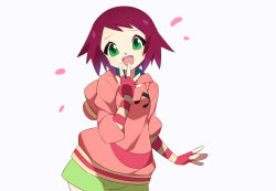  1girl :d commentary_request dress fingerless_gloves gloves green_eyes green_shorts hood hood_down hoodie kaidou_zx looking_at_viewer mega_man_(series) mega_man_star_force_(series) open_mouth pink_gloves pink_hoodie red_hair short_hair shorts smile solo sonia_strumm_(mega_man) teeth upper_teeth_only white_background 