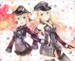  &gt;:) :d bismarck_(kantai_collection) blonde_hair blue_eyes hat kantai_collection locked_arms long_hair open_mouth peaked_cap prinz_eugen_(kantai_collection) smile soda_(sodachuxd) twintails uniform 
