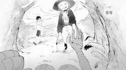  3boys ^_^ aged_down ascot bandages belt chinese_commentary closed_eyes coat commentary_request greyscale hat higga kneeling male_focus missing_tooth monkey_d._luffy monochrome multiple_boys one_piece outstretched_arm portgas_d._ace pov sabo_(one_piece) shorts tank_top weibo_username 