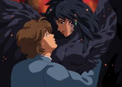  1boy 1girl arm_around_another's_waist black_hair black_wings blue_eyes blue_jacket brown_eyes brown_hair commentary commission earrings embers english_commentary eye_contact harpy hetero highres jacket jewelry looking_at_another monster_girl original otagothic scales teardrop_earrings thick_eyebrows wings 