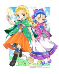  2girls aged_down belt bianca_(dq5) blonde_hair blue_bow blue_bowtie blue_eyes blue_hair blue_sky blush boots border bow bowtie bracelet braid braided_ponytail brown_boots capelet clouds cloudy_sky commentary_request dated defense_zero dragon_quest dragon_quest_monsters_4 dragon_quest_v dress earrings flora_(dq5) forehead full_body green_capelet green_poncho hair_bow hair_pulled_back hand_up jewelry light_particles long_hair looking_at_viewer magic medium_hair multiple_girls open_mouth orange_dress outside_border pink_bow pink_bowtie pink_capelet pink_poncho purple_shoes shoes single_braid sky sphere_earrings twitter_username white_border white_dress 