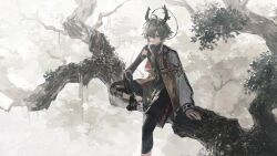  1boy arknights arknights:_endfield branch demon_boy demon_horns green_hair halo halo_behind_head highres horns lifeng_(arknights) logo long_sidelocks male_focus mechanical_arms monota02 official_art short_hair sidelocks sitting solo third-party_source violet_eyes 